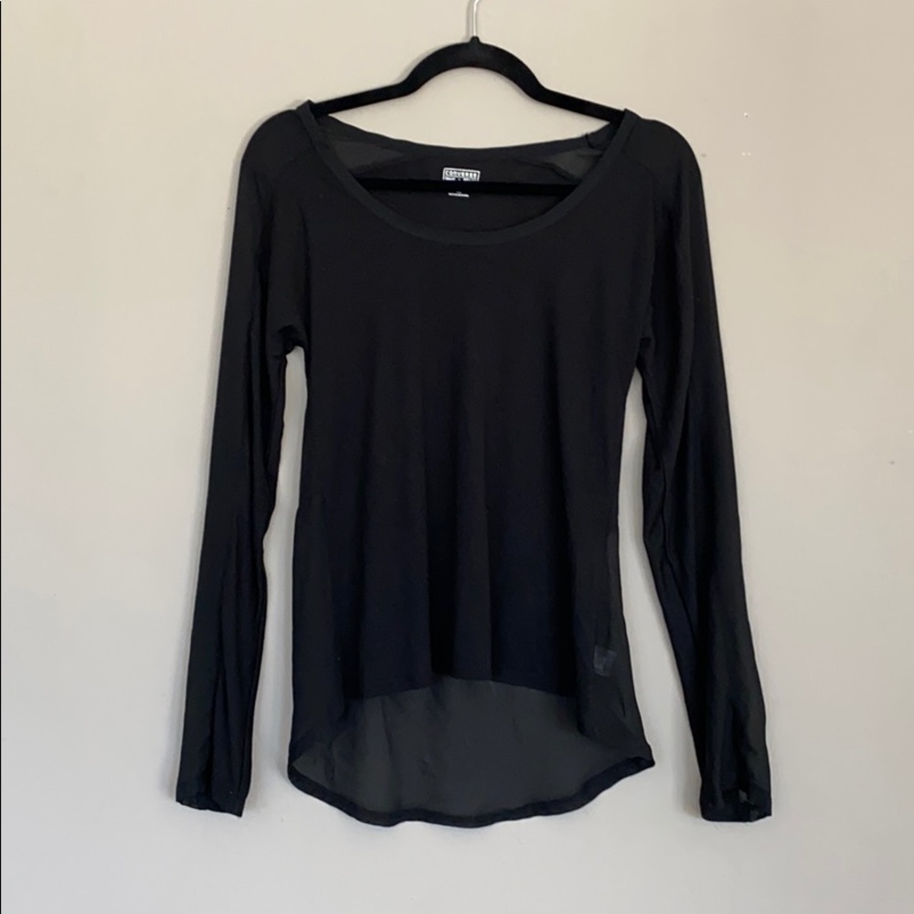 High low long sleeve top sheer shoulder & hem